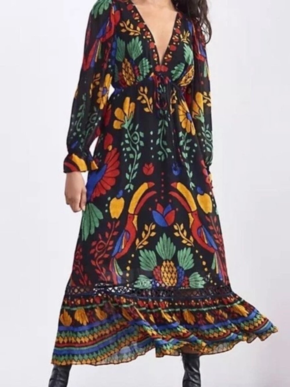 Farm Rio Anthropologie Georgette Maxi Dress Sz M Tropical Toucan Boho Lined